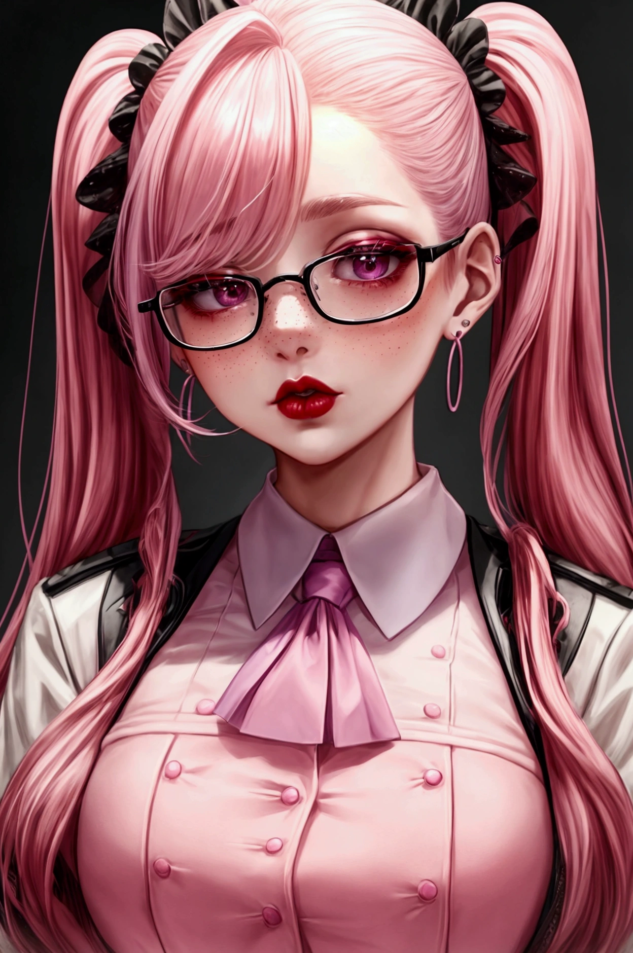 young university uniform 2, rimless glasses, lilac note earrings, mouth slightly closed, Red lips, Surrealism, High detail,hair with pink pigtails, with freckles, panorama, ultra high definition, necessary, textured skin very greedy and egotistical surrounded by fire around him.
