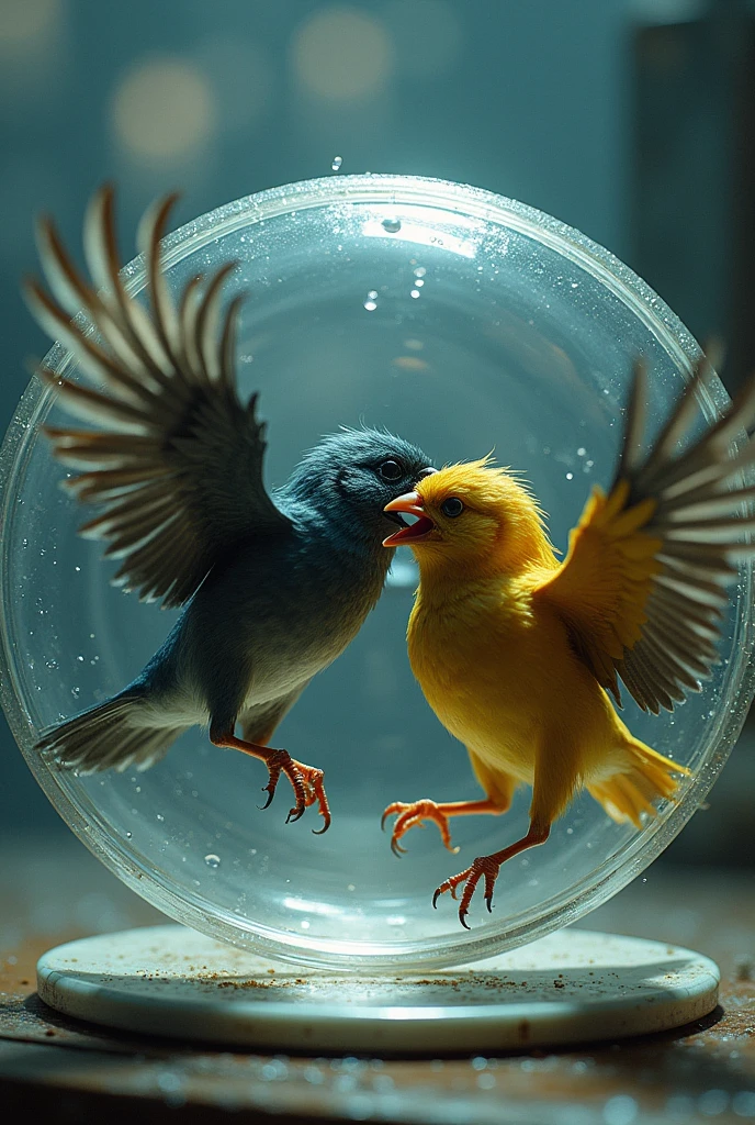 Birds fighting in a petri dish