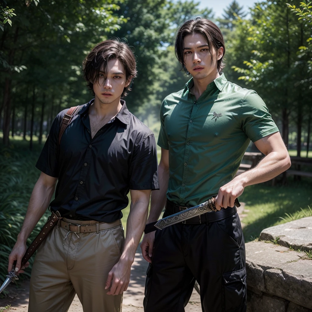 Create a 2 male character dressed as an adventurer, with dark, short hair, a black and green shirt, and who uses a sword.