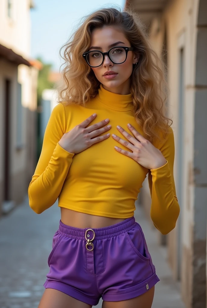 (masterpiece, professional photo:1.2), (8k, High resolution), women, European, 20 years old, (straight and curly hair (dark blonde)), curva sexy, beautiful face, Ultra detailed eyes, (Glasses:1.1), (Closed mouth:1.2), Little mom, (grab the chest:1.1), (purple safety shorts:1.2), (yellow turtleneck:1.2), attractive goddess, Street, old building next to the beach, high quality image, Half body photo