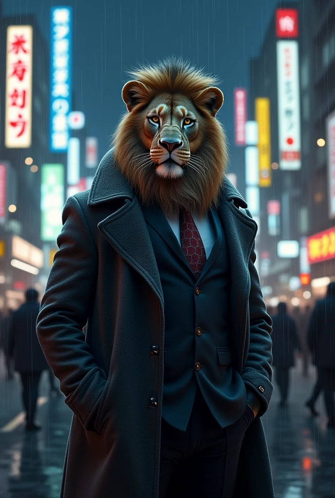 A lion in a suit and overcoat in the cold and busy night of Tokyo