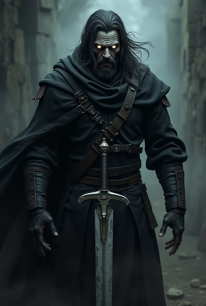 A 2 angry European warrior male with long buzzing hair and no beard, luminous white eyes, and a scary black all face with luminous veins, wearing a full black outfit, holding a magical fragmented sword, standing in a dark place and looking to the left. looks