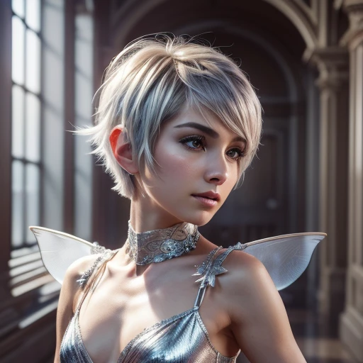 (Extremely detailed CG 8k unity wallpaper, work of art, best qualityer, ultra detali), (better lighting, best shade, extremely delicate and beautiful), Cool, dynamic, and original young character with a (dynamic pose) and silver (pixie cut hair: 1.3) that reflects light beautifully.