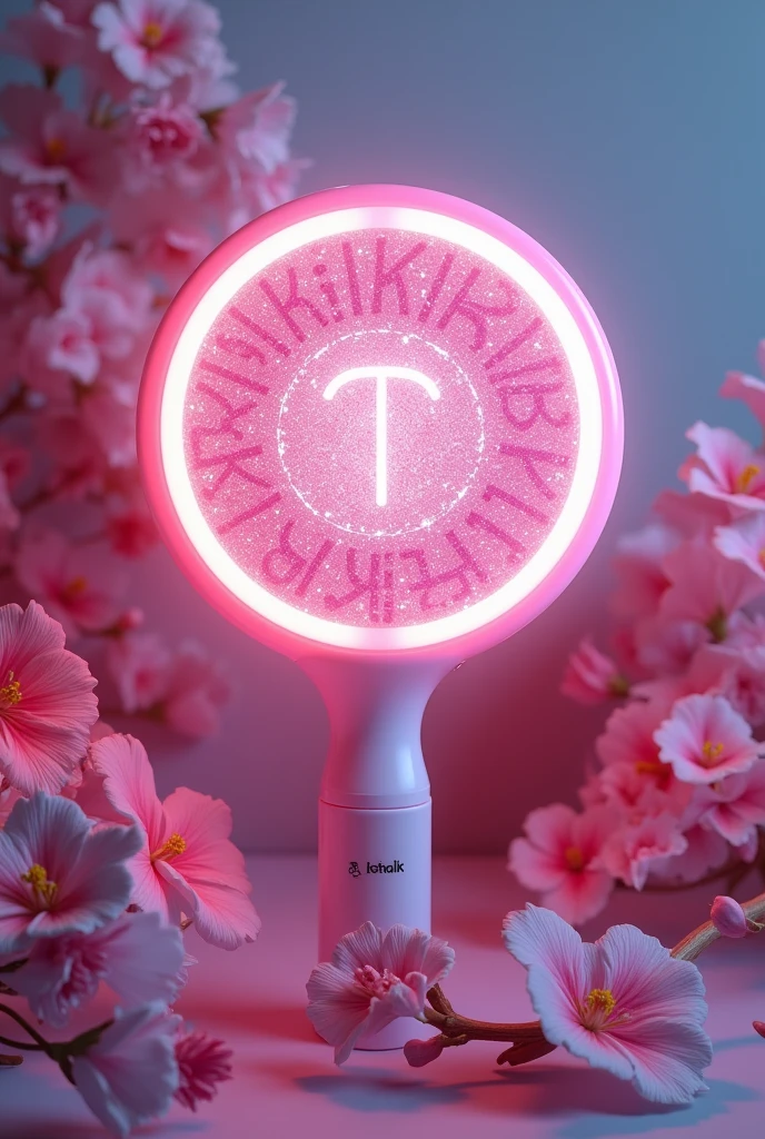 I want a kpop lightstick with a pink round shape with glitter and very detailed with some details like the kiss of life and with the word Ilinx inside but with a beautiful stick and some flower details.
