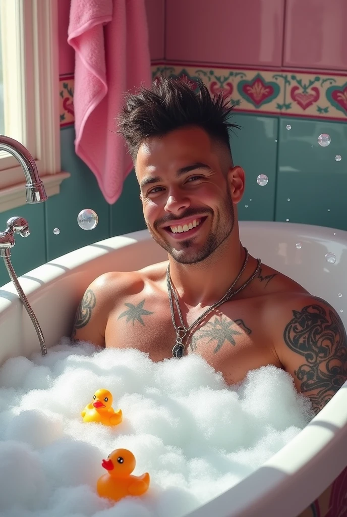 Handsome gay punk man smiling in a bubble bath in a bathroom like Barbie