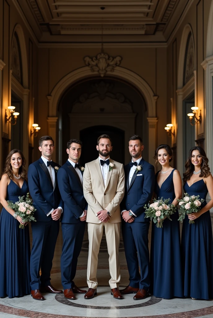 Photo of a dark blue wedding with groomsmen and bridesmaids and a groom in beige 
