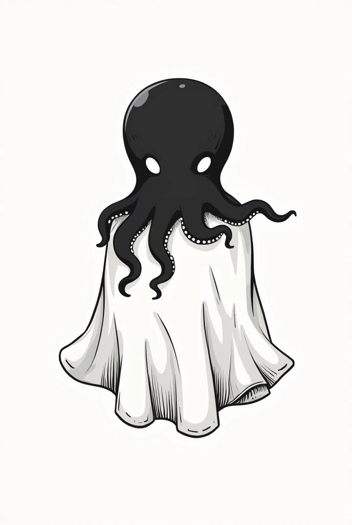 Logo video game company, an octopus wearing a bedsheet pretending to be a ghost, flat icon, black and white, black octopus, white bedsheet, cute cthulhu, ink illustration, 2d illustration, tattoo