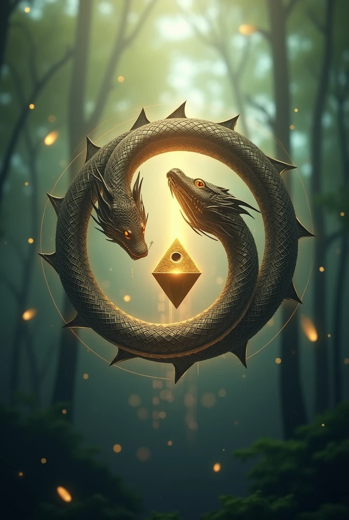Ouroboros Principal:

A stylized ouroboros, where the serpent or dragon bites its own tail, forming a perfect circle. The snake&#39;s body is detailed with geometric patterns reminiscent of electronic circuits., symbolizing the fusion between the ancient and the modern, beyond the connection between mind and technology. In the center of the dragon&#39;s head, the yin-yang symbol is inserted, representing balance and duality.
natural background:

A subtle background that evokes nature, with soft shades of green and blue that are reminiscent of a forest or a natural environment. Light textures may suggest leaves or organic elements, bringing a sense of calm and connection with the natural world. Small golden particles float around, suggesting energy in movement and transformation.
indoors light:

A soft golden aura radiates from the ouroboros, como se estivesse emitindo uma luz de dentro till fora. This lighting creates a soft contrast with the natural background., highlighting the ouroboros in a balanced and harmonious way.
Secondary Element - Philosopher&#39;s Stone:

In the center of the circle formed by the ouroboros, there is a small symbol representing the philosopher&#39;s stone. This symbol is a golden triangle, simple and elegant, which symbolizes perfection and maximum transformation of the mind.
minimal style:

The overall design is minimalist, com poucos elementos adicionais till garantir clareza e reconhecimento, mesmo em tamanhos menores, as profile icons on digital platforms.
Name Integration (optional):

if necessary, the initials of the channel name ("sam" till "Alchemy of the Mind") can be added to the base of the image in a stylish and modern font, com cor dourada ou branca till harmonizar com o brilho do ouroboros.