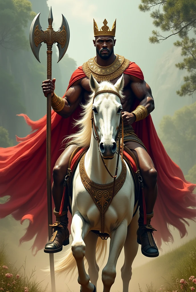 Muscular African man with golden crown and red king cape with double axe in hand riding a white horse