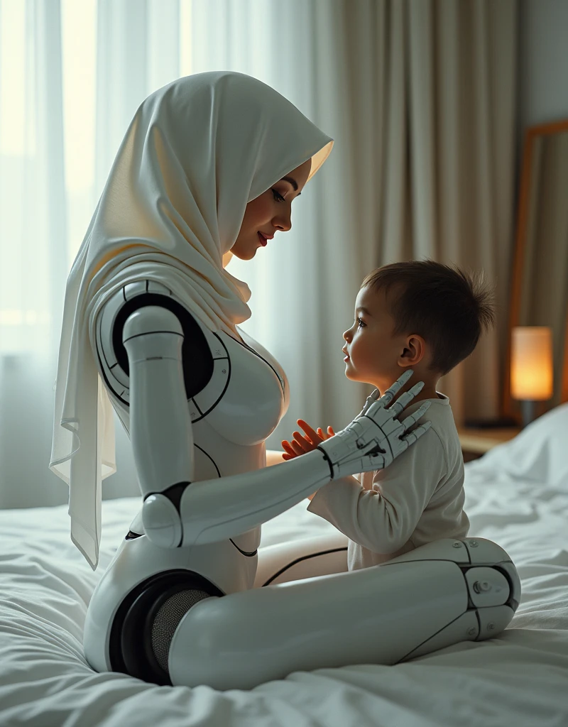 female robot wearing hijab, big breasts, white body, robot arm, wearing glove latex, playing and kisses with  on the bedroom