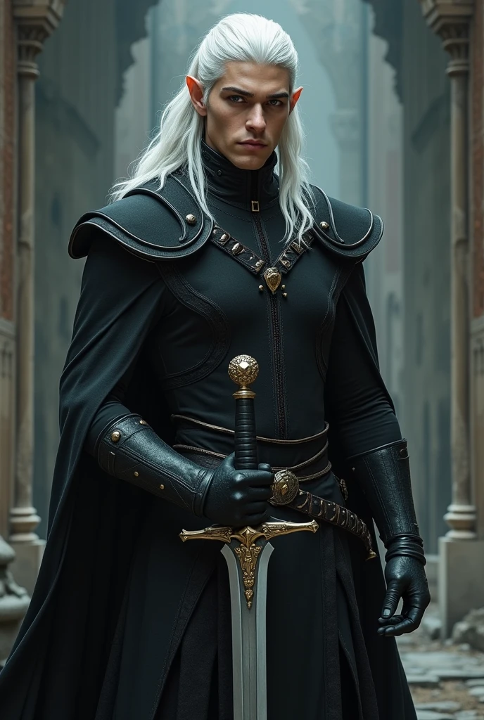 Young elf man with sword in hand and white hair, his clothes are black and his body is athletic