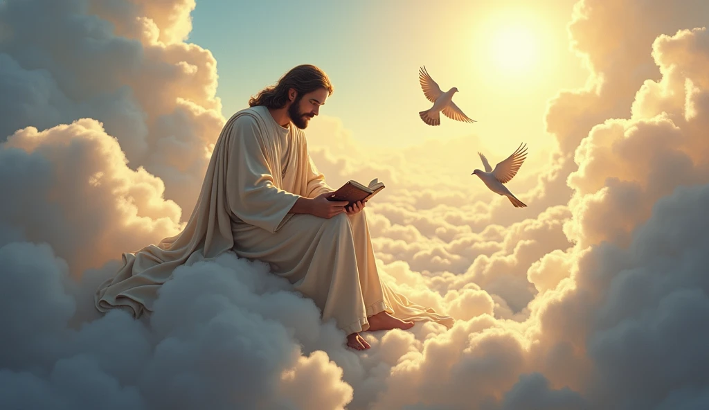Jesus reading a book in the clouds with pigeons flying around, the lord and savior, JesusChrist, bible illustration, Young God Almighty, avatar image, biblical image, sat in his throne, religious imagery, accurate biblical angel, sua mente contemplando a eternidade, incredible, epic biblical representation, he has a treasure with him, beautiful image already created, jesus, beautiful representation