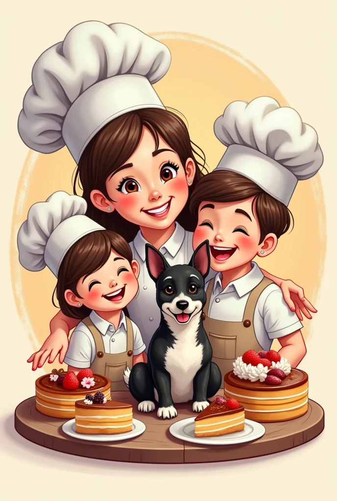 logo of woman with her age daughter and with her teenson and with her baby dog black-headed fox terrier and white body, all with chef hats and surrounded by cakes and with the phrase "Tobey's Delights" in Spanish