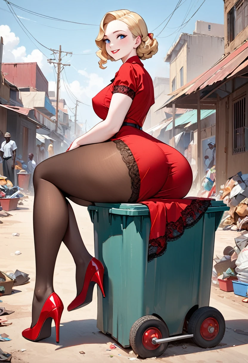 Nsfw,masterpiece,full body, small size head, Stunning elegant Blonde lady, 1940s hairstyle,pale skin, blue eyes, stunning, smile face,she wear brown pantyhose, she wear lace red dress, red stilettos , jewels,thick calves, super thick legs , super big ass. She is sitting on garbage in poor african Town showing her ass.