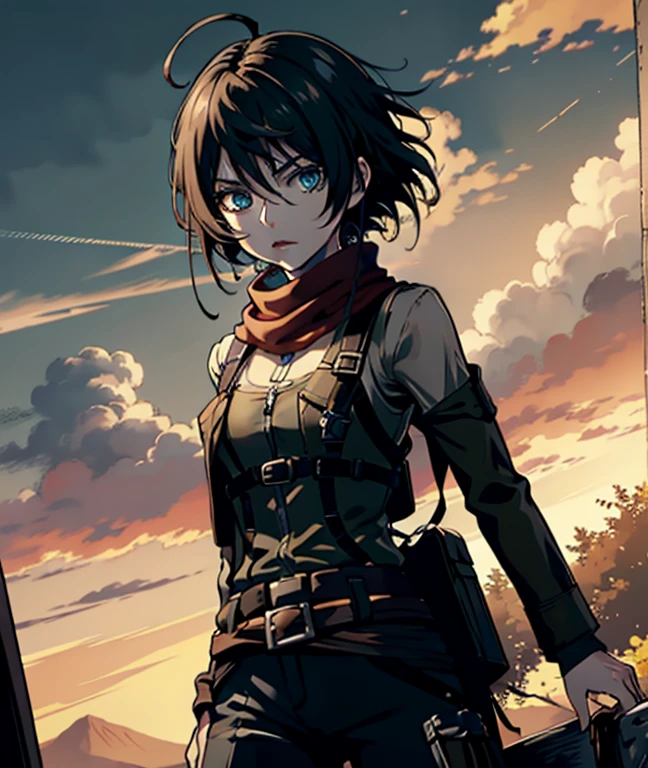 aot style, shingeki no kyojin,
mikasa ackerman,cleavage,Off-the-shoulder attire
1girl, arm strap, bangs, black hair, black pants, breasts, cowboy shot, embers, green eyes, grey background, hair between eyes, harness, long sleeves, looking at viewer, medium breasts, pants, red scarf, scarf, shirt, short hair, smoke, solo, thigh strap, brown jacket, white shirt, survey corps \(emblem\)
, ((masterpiece)), best quality
,