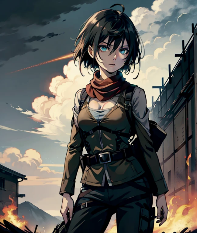 aot style, shingeki no kyojin,

mikasa ackerman,cleavage，Off-the-shoulder attire

1girl, arm strap, bangs, black hair, black pants, breasts, cowboy shot, embers, green eyes, grey background, hair between eyes, harness, long sleeves, looking at viewer, medium breasts, pants, red scarf, scarf, shirt, short hair, smoke, solo, thigh strap,  brown jacket, white shirt, survey corps \(emblem\)

, ((masterpiece)), best quality
,