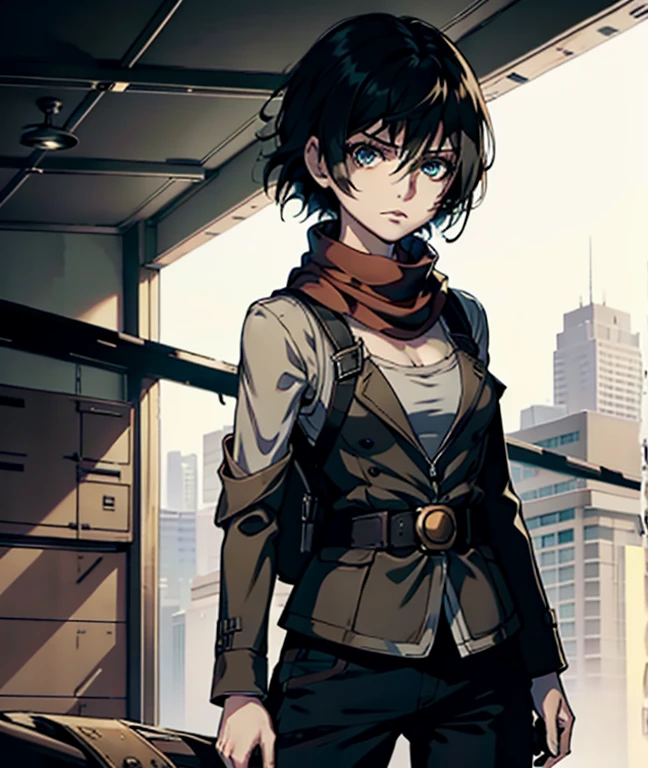 aot style, shingeki no kyojin,

mikasa ackerman,cleavage，Off-the-shoulder attire

1girl, arm strap, bangs, black hair, black pants, breasts, cowboy shot, embers, green eyes, grey background, hair between eyes, harness, long sleeves, looking at viewer, medium breasts, pants, red scarf, scarf, shirt, short hair, smoke, solo, thigh strap,  brown jacket, white shirt, survey corps \(emblem\)

, ((masterpiece)), best quality
,