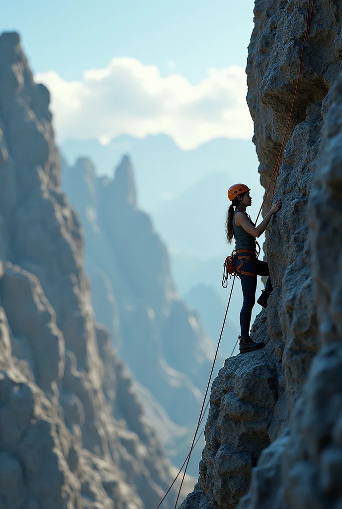 Distant view of a woman rock climbing on a steep cliff, using all necessary safety gear like a helmet, harness, and ropes. The scene captures her ascent with a dramatic backdrop of rugged terrain and clear skies.