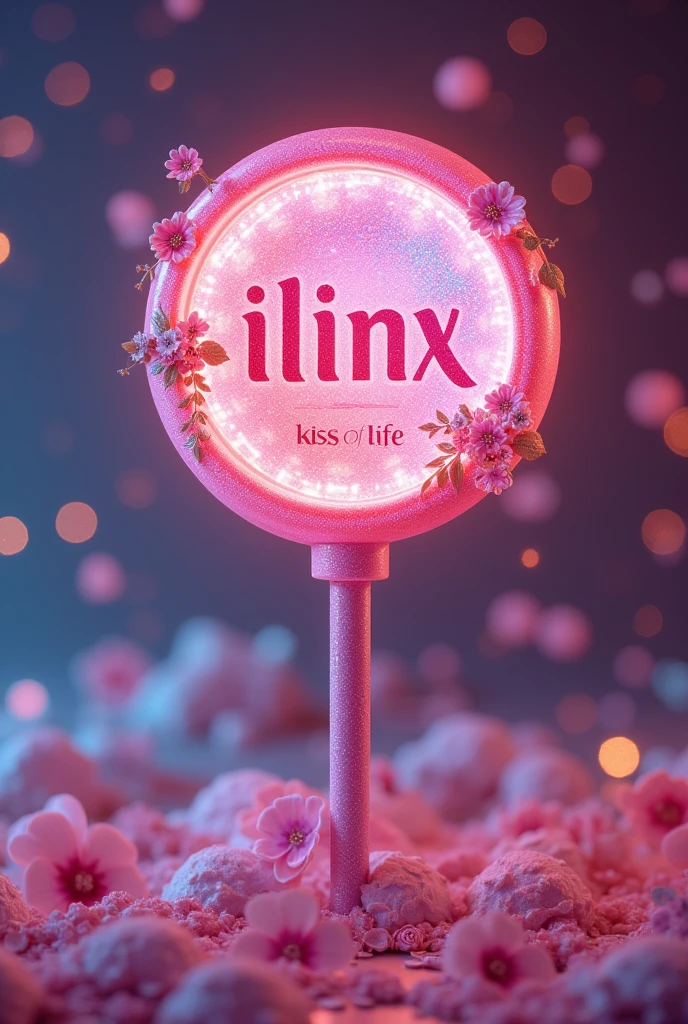 I want a kpop lightstick with a pink round shape with glitter and very detailed with details similar to Kiss of Life and with the word Ilinx inside but with a beautiful stick and some very pretty flower details. 

