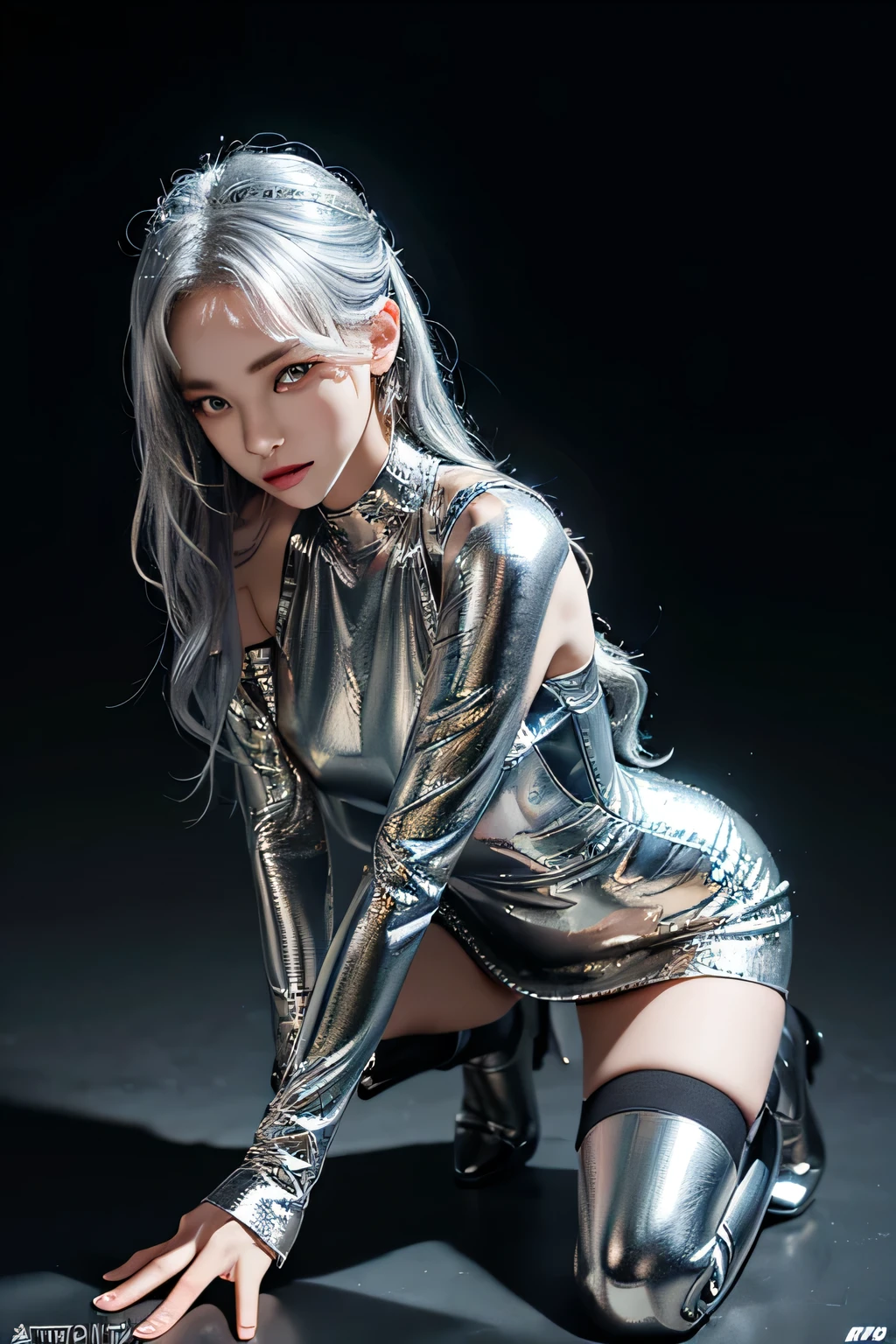 Aespa Karina in a metallic silver one-piece fitted dress, marking bust, skirt also silver, Con cara sexy, long black hair, Metallic silver gloves that cover fingers, knee high boots. detail lighting, background universe. leather detail, ultra high resolution.photorealistic:.1.4,HD