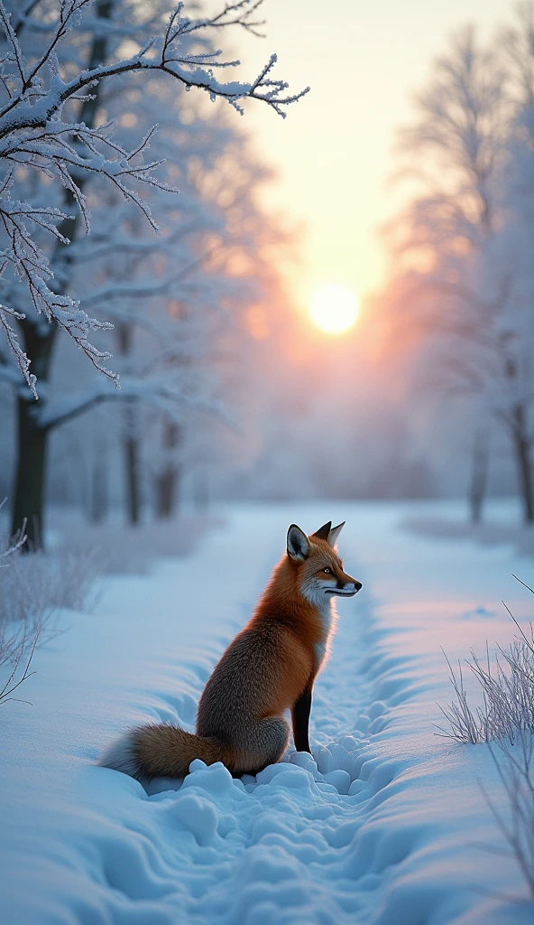 Ultra-realism、masterpiece、Highest quality、Film Grain、RAW Photos、Spectacular views、wallpaper、Frozen morning landscape、Fresh snow without footprints、Fox&#39;s back view、Sun Pillar、Rime on deciduous trees:1.5、
