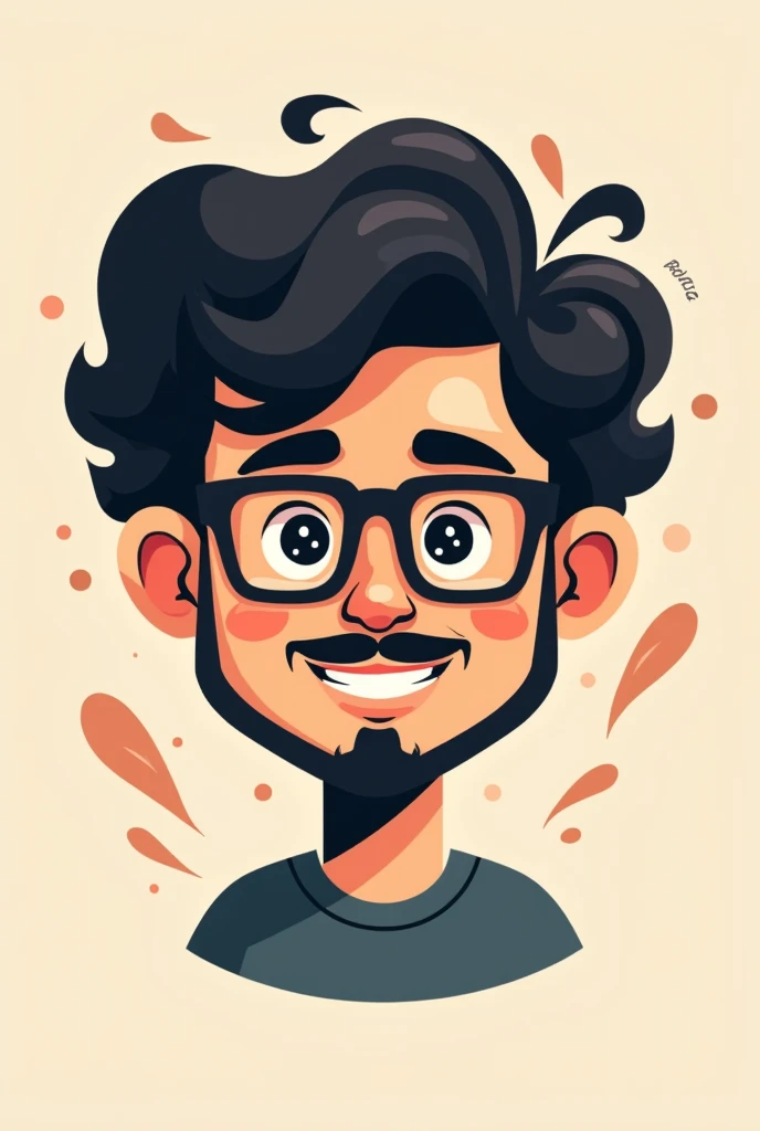 Create a logo for a YouTube channel of a young man with curly hair, with a goatee, mustache and glasses.