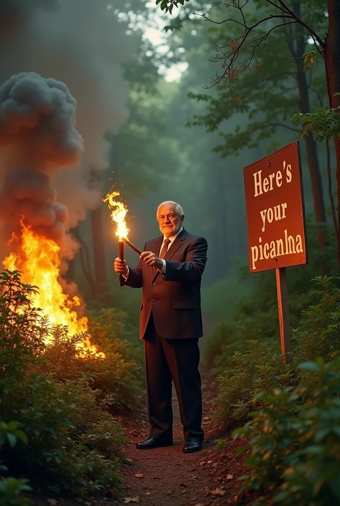 Generate an image of President Lula of Brazil setting fire to a forest and next to him a sign saying here's your picanha