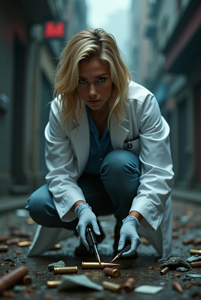 A blonde female forensic expert at a crime scene