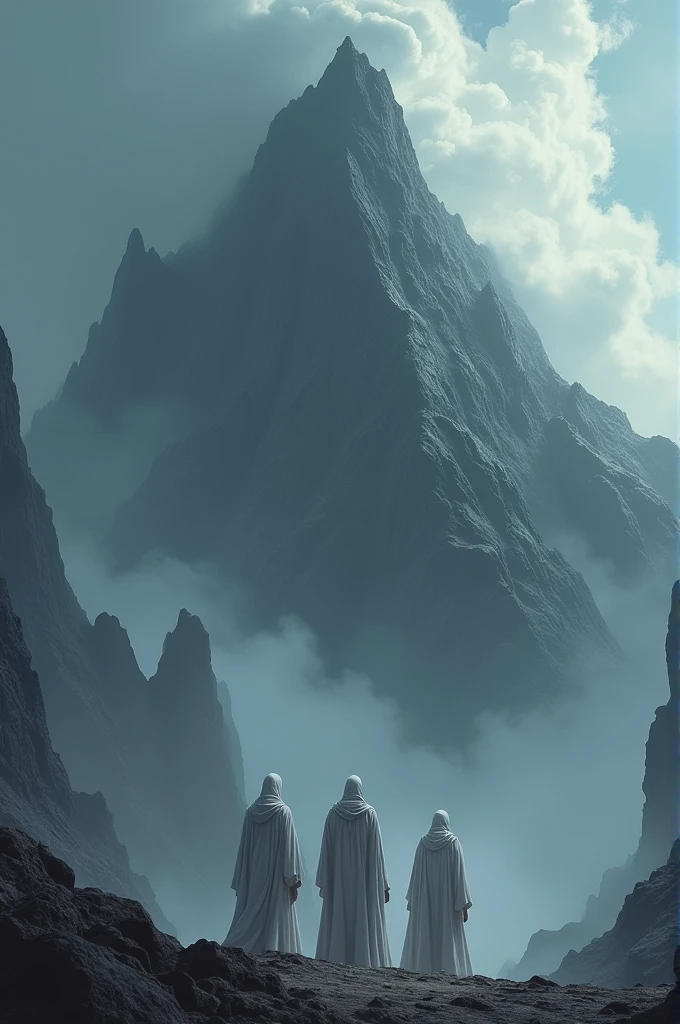 A terrifying mountain and three young men in white robes