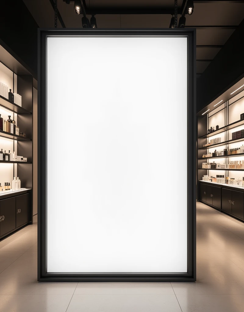 Poster size width 280 x 360 cm of white color mockups, IN A STORE THAT SELLS PERFUMES