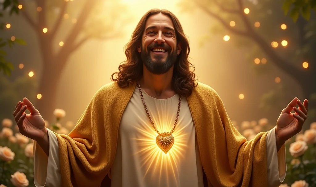 Ultra realistic Christ smiling with a loving face with his hands in a gesture of welcoming the viewer with open arms, chic velvet gold cape. his heart is ultra radiant, loving, shining eyes to the viewer, of light to convey depth and white rose garden background, many lights coming from the sky