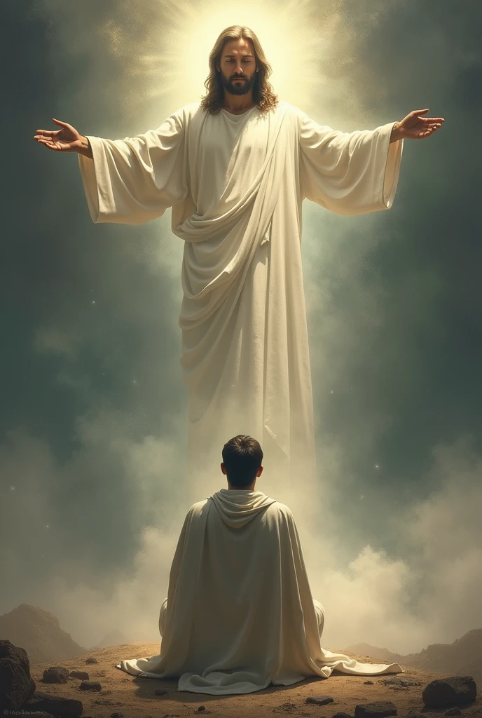 A man on his knees and in front of him is Jesus Christ
