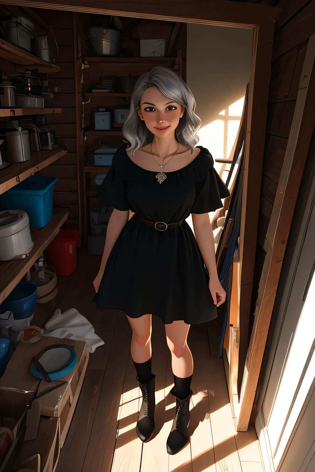 Emma, a young woman in her late 20s with long, wavy brown hair. She has light brown eyes and is wearing a simple, fitted black dress that reaches her knees, paired with a dark brown leather belt. Her shoes are black ankle boots with a slight heel. She has a delicate silver necklace around her neck. • When: ○ Time: Late afternoon, with the sun beginning to set, casting long shadows. • Where: ○ Location: A cluttered garage filled with old, dusty items. The garage has a large, open door allowing sunlight to filter in. The walls are made of weathered wood, with cobwebs in the corners. There are shelves along the walls stacked with boxes, old tools, and various antique objects. • What: ○ Action: Emma is standing in the middle of the garage, holding an ornate antique mirror with both hands. The mirror is about 3 feet tall and 2 feet wide, with an ornate dark wood frame carved with intricate patterns resembling vines and flowers. The glass is slightly cloudy, adding to its aged appearance. ○ Expression: Emma looks pleased and excited, her eyes gleaming with satisfaction at her find. Her smile is warm and content. • Camera Framing and Lighting: ○ Framing: Medium shot from slightly above, capturing Emma from the waist up, with the mirror clearly visible in her hands. The background includes the cluttered garage, with a focus on the old items surrounding her. ○ Lighting: Soft daylight streams through the open garage door, casting gentle shadows on the objects around her. The lighting highlights Emma’s face and the mirror, with the rest of the garage in softer focus to create a sense of depth and mystery.