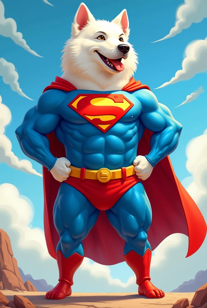 A big white dog waving in a superman costume