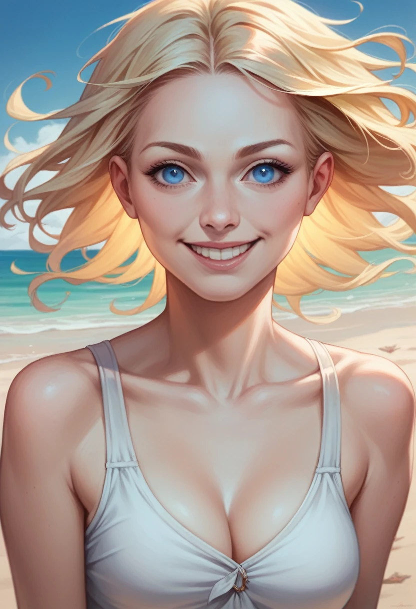 Pretty Female, Windblow blonde hair, glowing blue eyes, realistic, masterpiece, high detailed, 4K, beach background, high detailed light, little smile, white skin