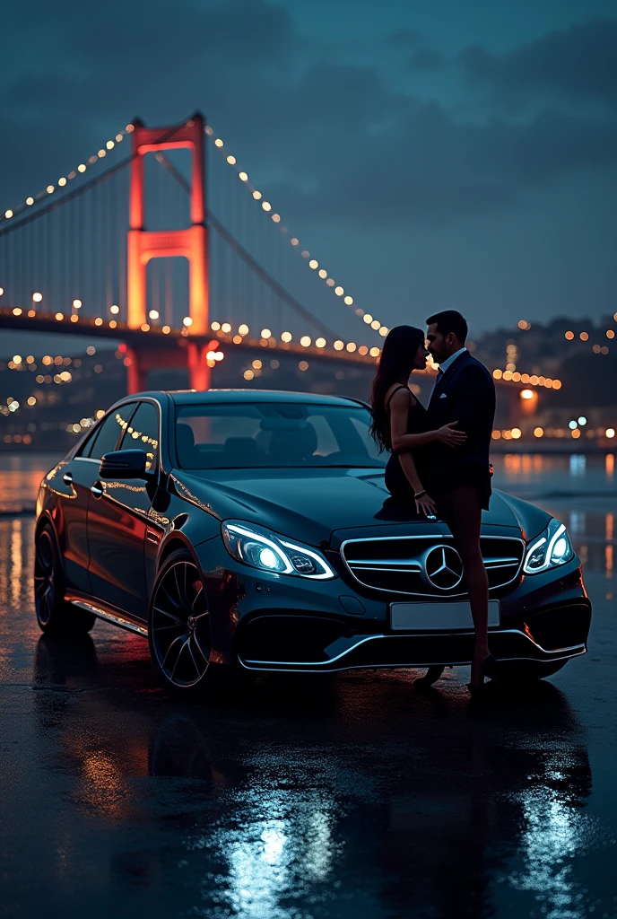 BLACK mercedes benz model E-class w211 wheels year 2005 whit amg paket in front of the bridge in istanbul on a night and beatiful young couple in front of the car realistically 