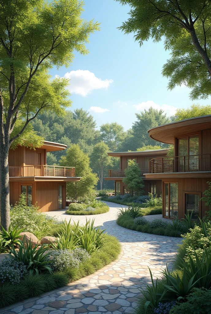 Imagine a modern and sustainable zoo called EcoZoo. This space is surrounded by lush natural landscapes, with large, open enclosures that mimic the animals' natural habitats. Stone paths wind through the park, flanked by native vegetation, tall trees and comfortable shaded areas.