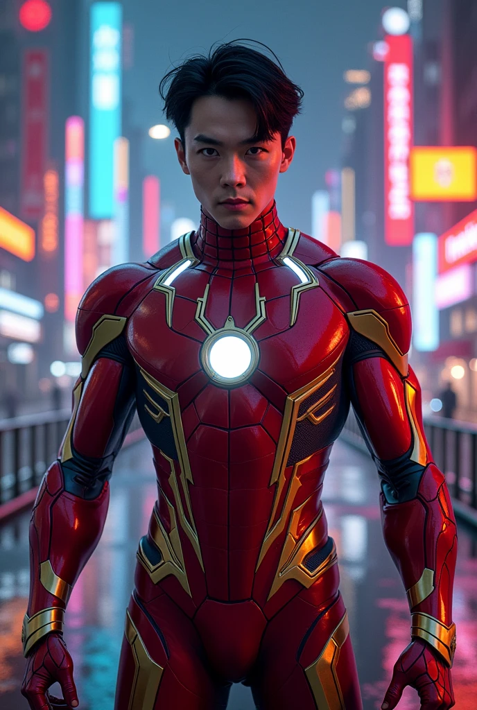 Create an image of a Korean man, wearing the red iron spider suit, where you can only see half the body and the city at night is in the background