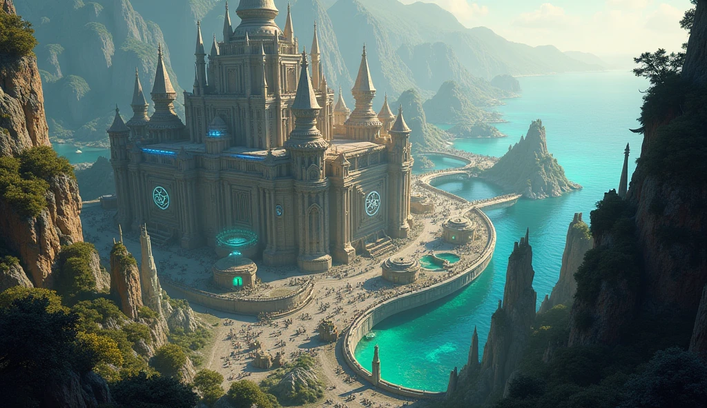 Mystical city on an island by day, hide