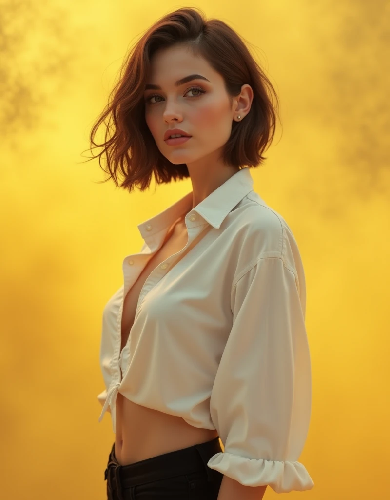 Realistic, beautiful woman pixie cut brown hair wearing white shirt and black pants,, smokey yellow on the background