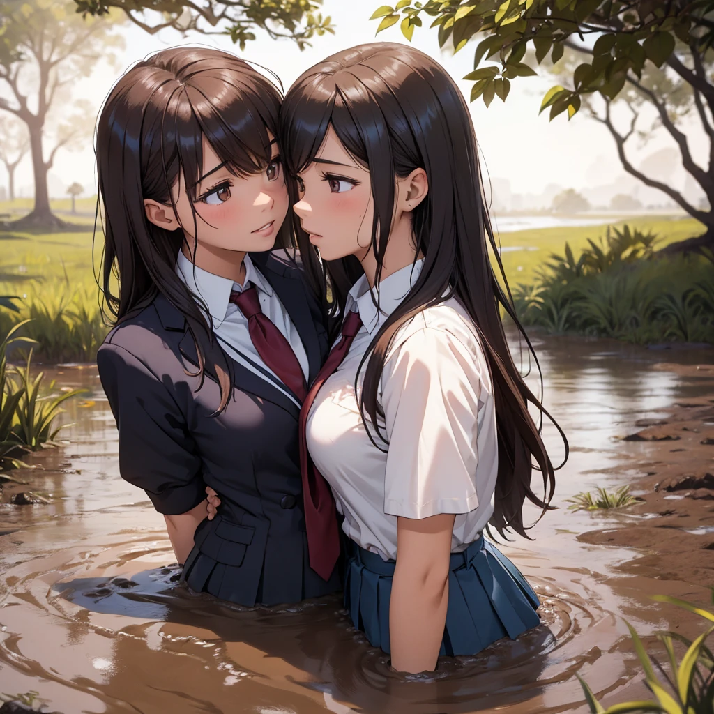 Romance students, two girls students in school uniform, lesbian couple, tall and thin, beautiful, alumnaxalumna, classmates, kissing passionately, sinking in the middle of quicksand, bog, swamp, marsh, muddy, messy, deep mud, orgasm, intimate moment, 