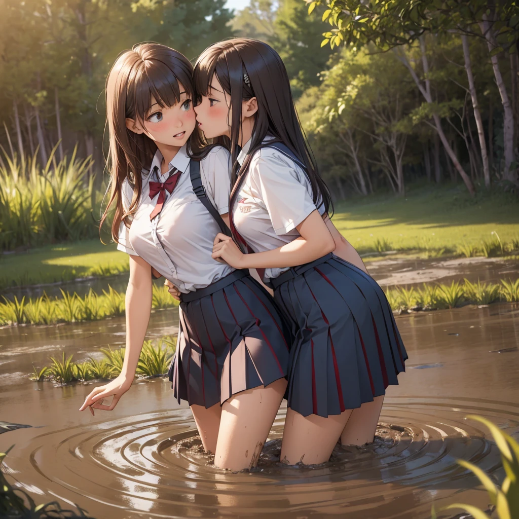 Romance students, two girls students in school uniform, lesbian couple, tall and thin, beautiful, alumnaxalumna, classmates, kissing passionately, sinking in the middle of quicksand, bog, swamp, marsh, muddy, messy, deep mud, orgasm, intimate moment, 