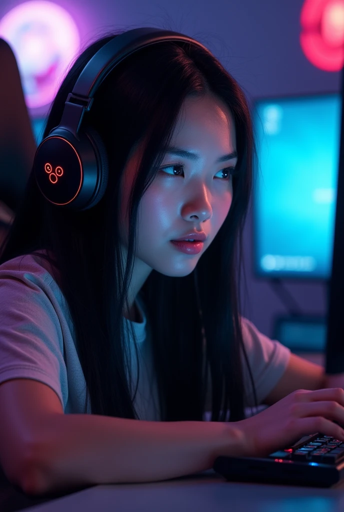 INSTAGRAM MODEL , with long straight black hair ,"Game on!" - My hands are steady and my heart races as I prepare for another intense gaming session. The screen lights up before me, reflecting the anticipation in my eyes. I'm ready to dominate this virtual world, using all my skills and strategy to emerge victorious 