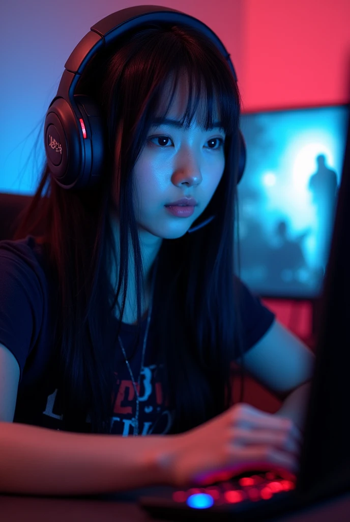 INSTAGRAM MODEL , with long straight black hair ,"Game on!" - My hands are steady and my heart races as I prepare for another intense gaming session. The screen lights up before me, reflecting the anticipation in my eyes. I'm ready to dominate this virtual world, using all my skills and strategy to emerge victorious
