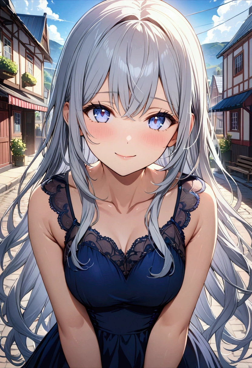 Delicate and beautiful eyes,(masterpiece, Highest quality:1.2), High res, Very detailed CG ユニティ 8k 壁紙, Perfect lighting, colorful, Ultra-high res,4K,Very detailed,In a country town,Looking at me,Silver long hair,Navy blue dress,A slight smile,Arms crossed in front,