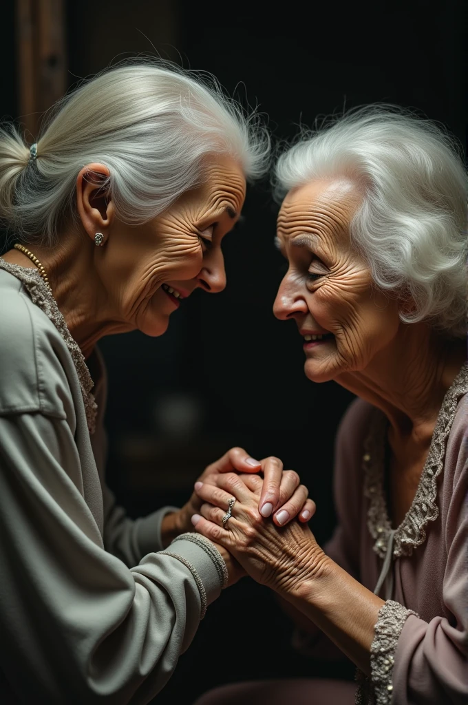 An old woman caressing her mother