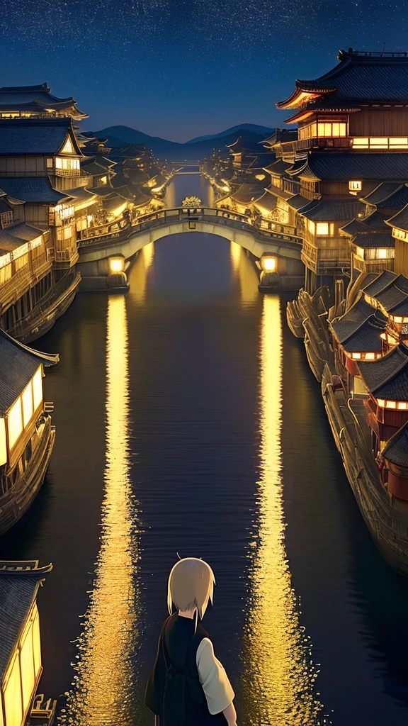 The world of Spirited Away、Faceless style、Real、Standing on the bridge in front of the oil shop、night、Lantern Light、Chihiro crosses the bridge