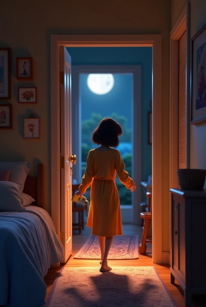 Create a Pixar style image of a night scene of a young mother coming out of her sleeping daughter's room with a yellow book in her hands