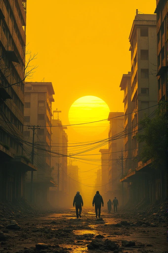 Goiania devastated ,empty, with worn out buildings,  few people, yellow sky and completely orange and weird sun, pre apocalypse 