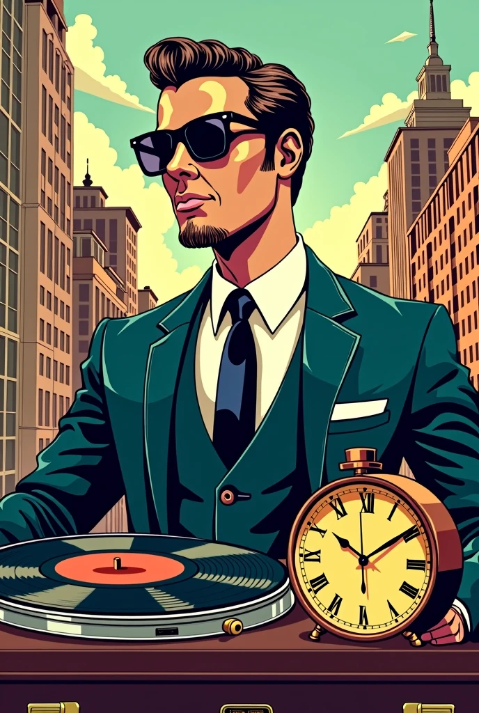 Create me a picture of a gentleman mr wearing sunglasses, a clock, and a record plays in the form of a comic the background should be skyscrapers